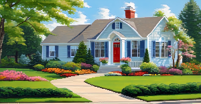 A beautiful suburban home showcasing vibrant flower beds, a well-maintained lawn, and a soft blue front door, creating an inviting atmosphere on a sunny day.