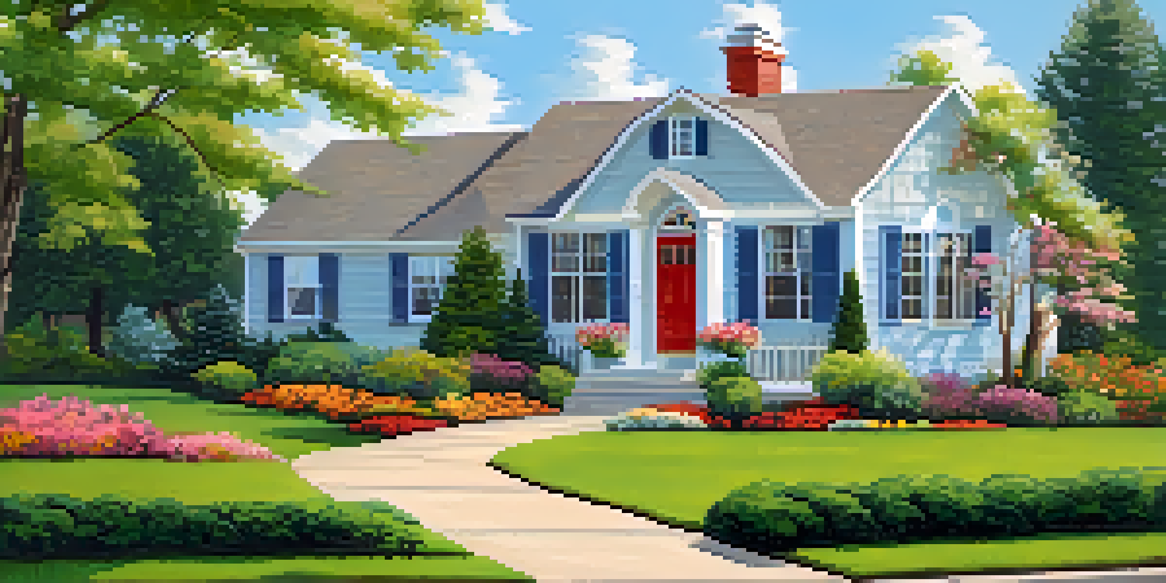 A beautiful suburban home showcasing vibrant flower beds, a well-maintained lawn, and a soft blue front door, creating an inviting atmosphere on a sunny day.