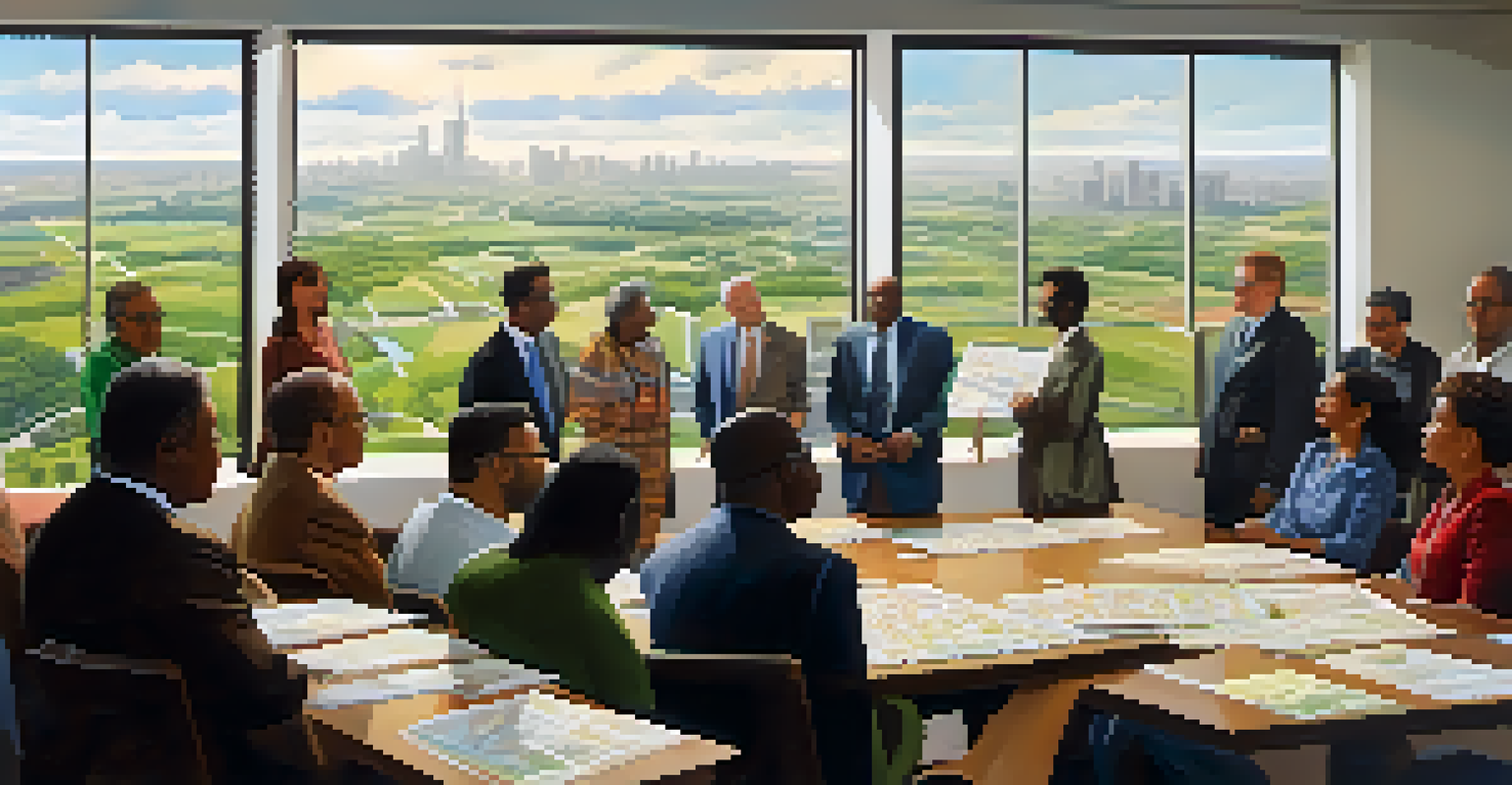 A diverse group of community leaders in a meeting discussing sustainable development, with cityscapes and farmland visible through a large window.