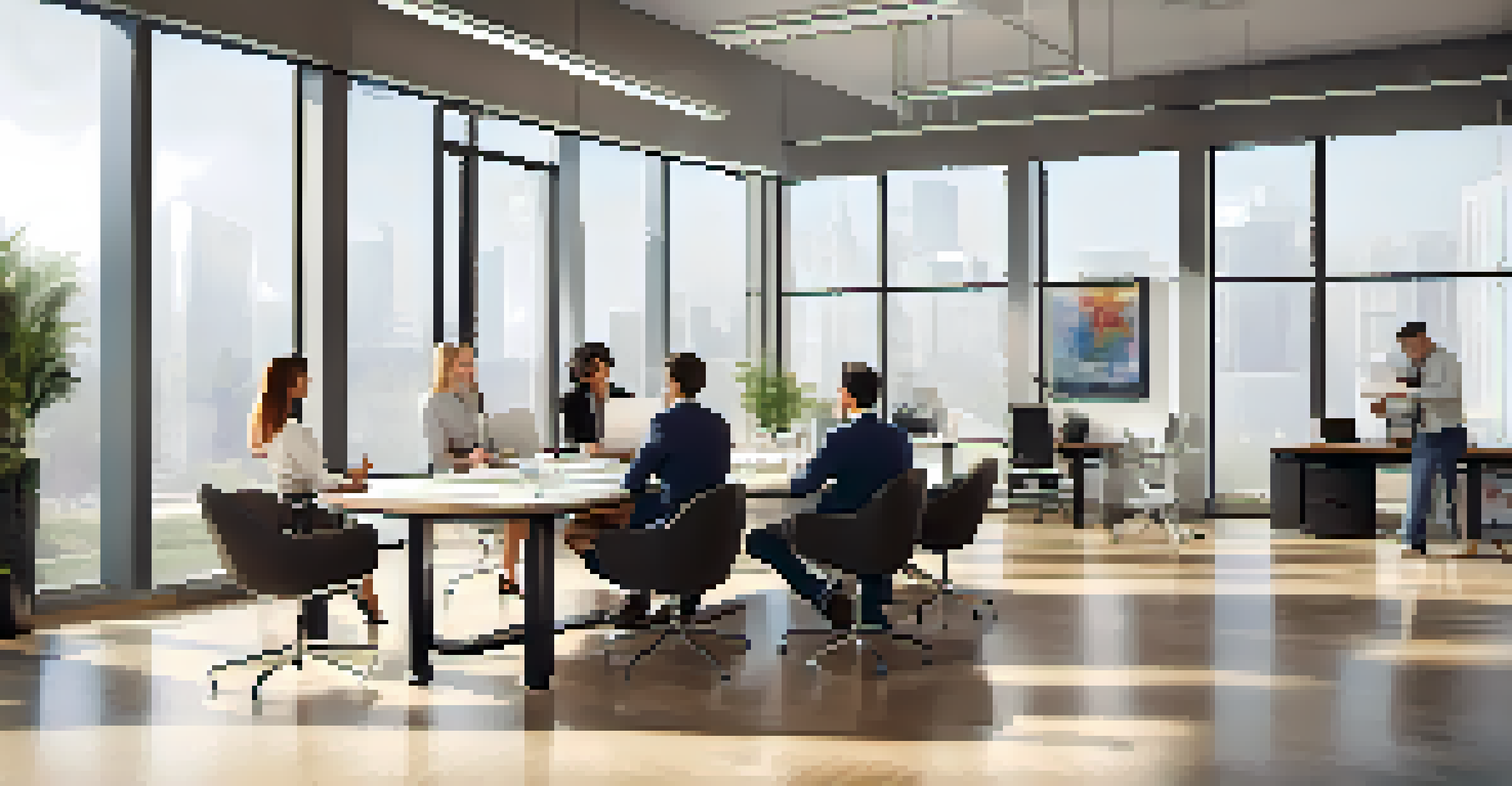 A group of diverse professionals in a well-lit modern office discussing real estate syndication with a whiteboard in the background.