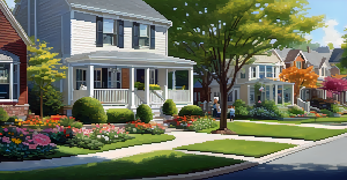 A suburban neighborhood with houses, green lawns, and families enjoying the outdoors.