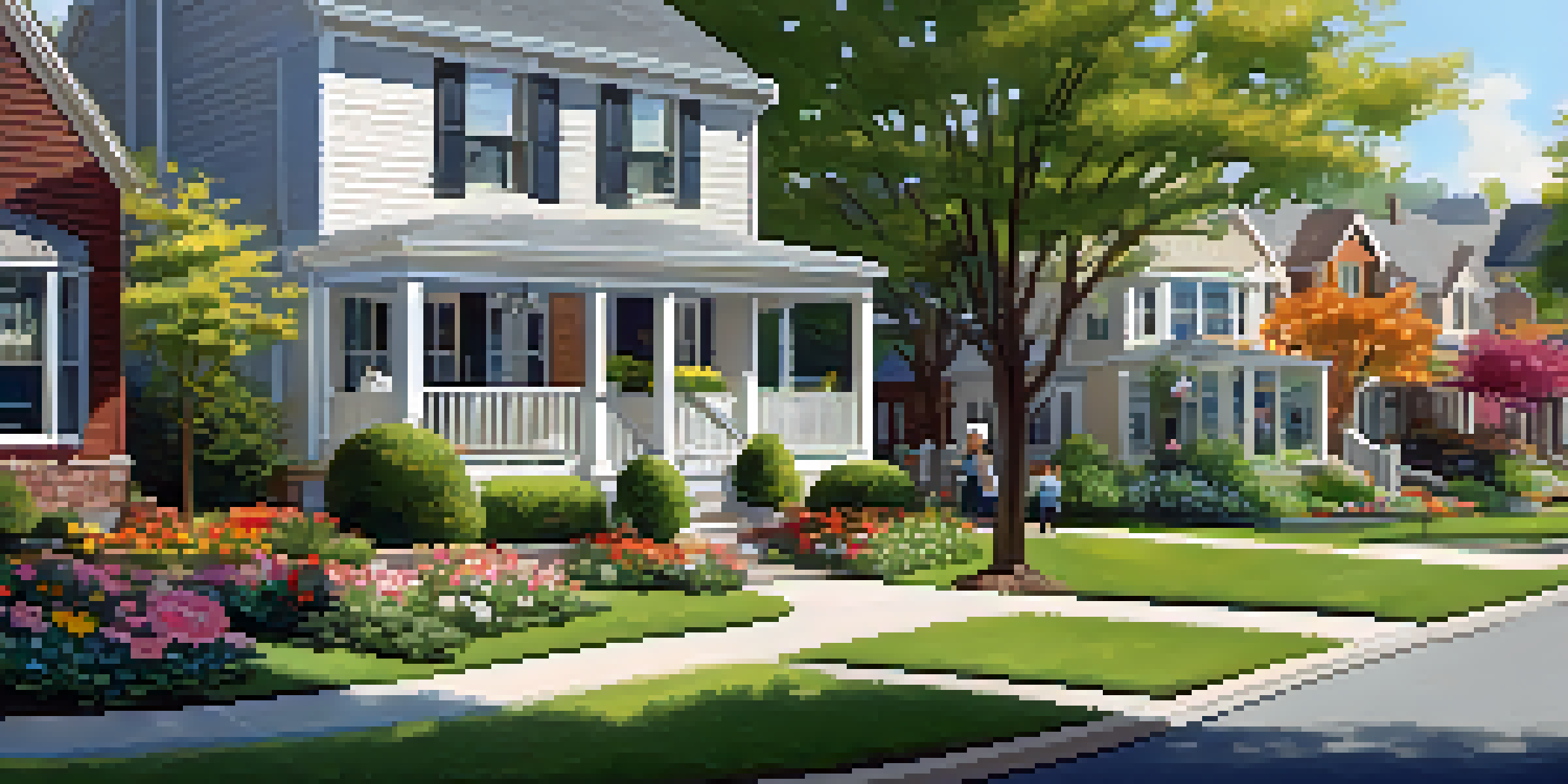 A suburban neighborhood with houses, green lawns, and families enjoying the outdoors.
