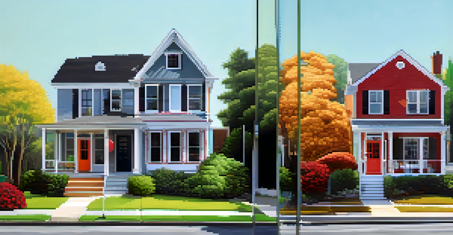 Two identical houses in different neighborhoods, showing contrasting landscapes and price tags to highlight property valuation differences.