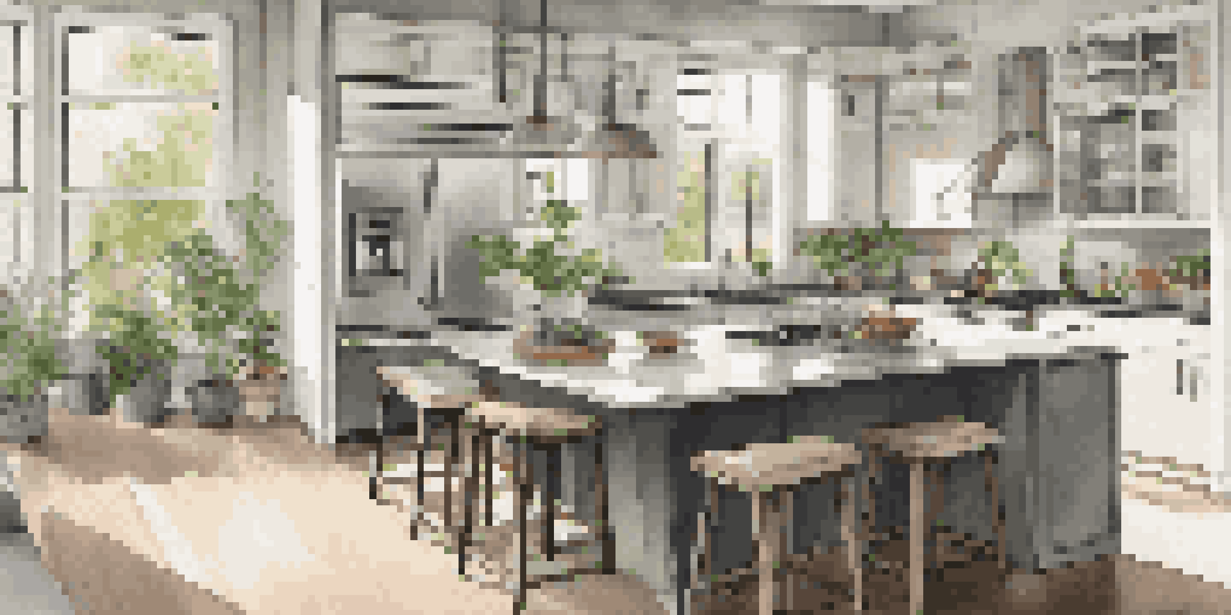 A modern kitchen with an island, bar stools, and natural light coming through large windows, showcasing a warm color palette.