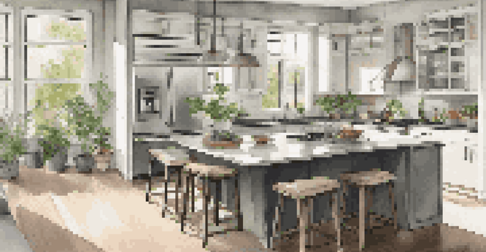 A modern kitchen with an island, bar stools, and natural light coming through large windows, showcasing a warm color palette.