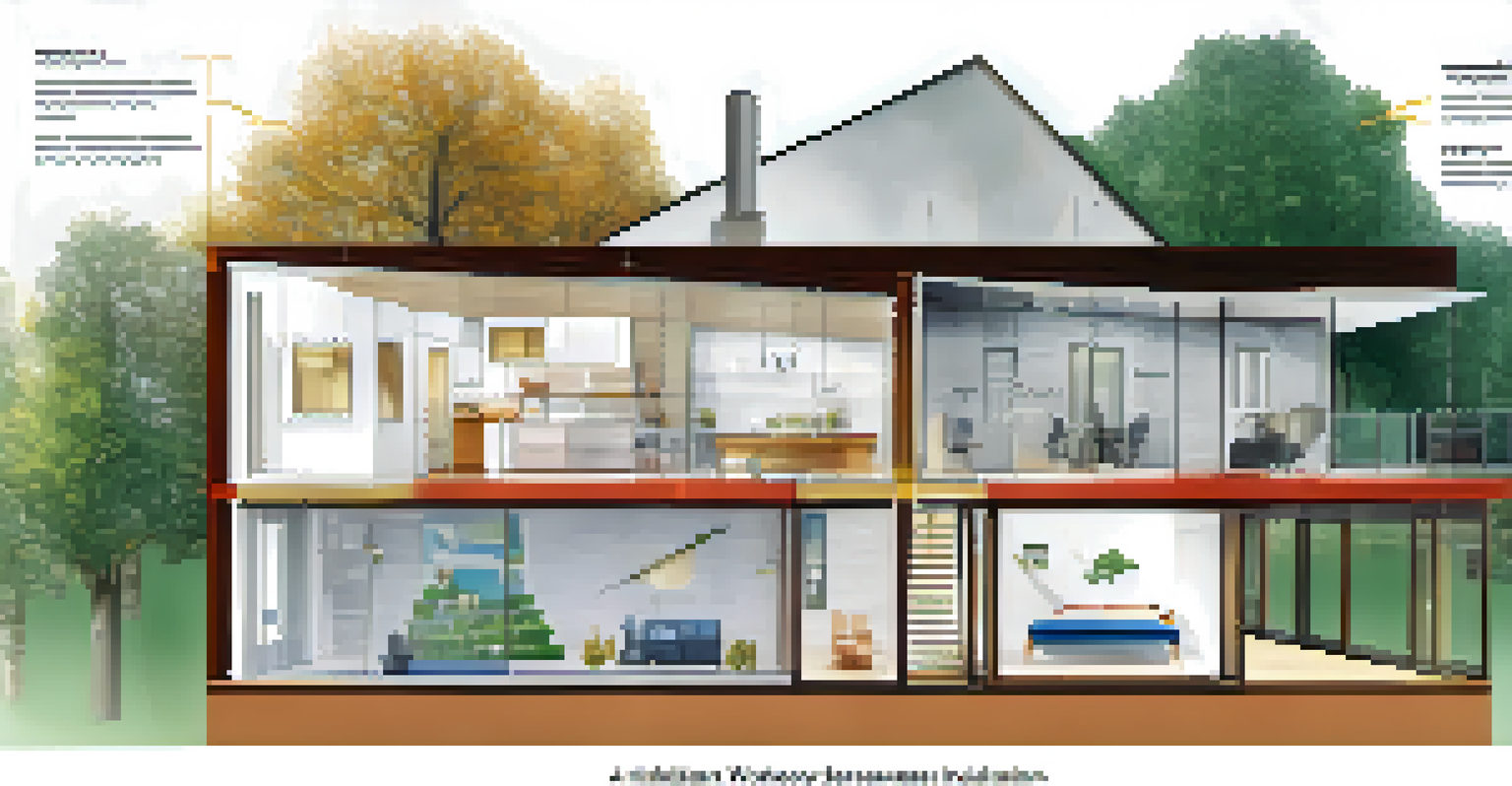 An educational illustration showing the key features of Passive House design with labels and icons.