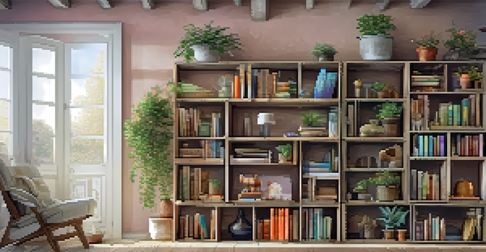 A living room with wooden crates as shelves, displaying books and plants in warm lighting.