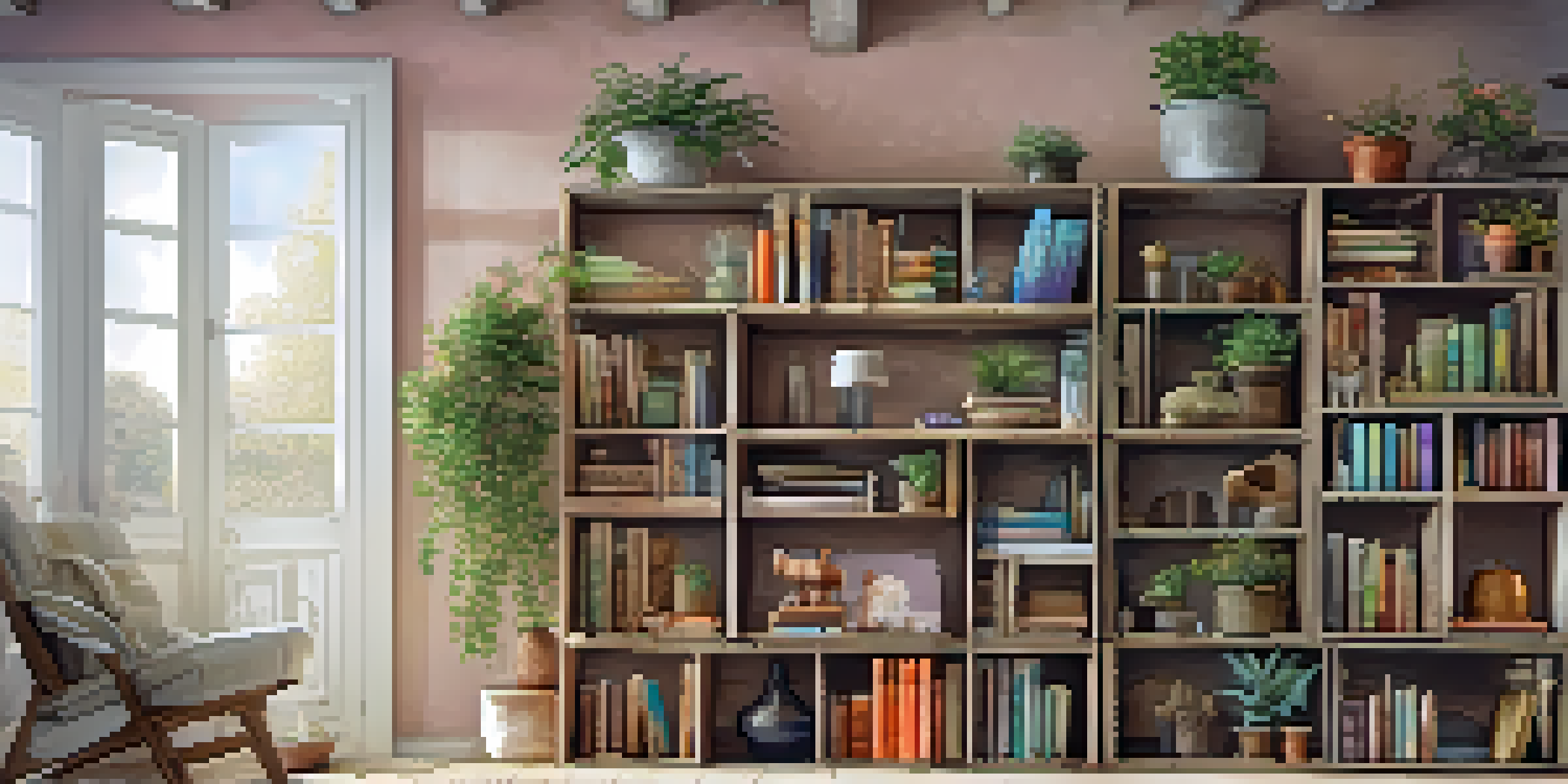 A living room with wooden crates as shelves, displaying books and plants in warm lighting.