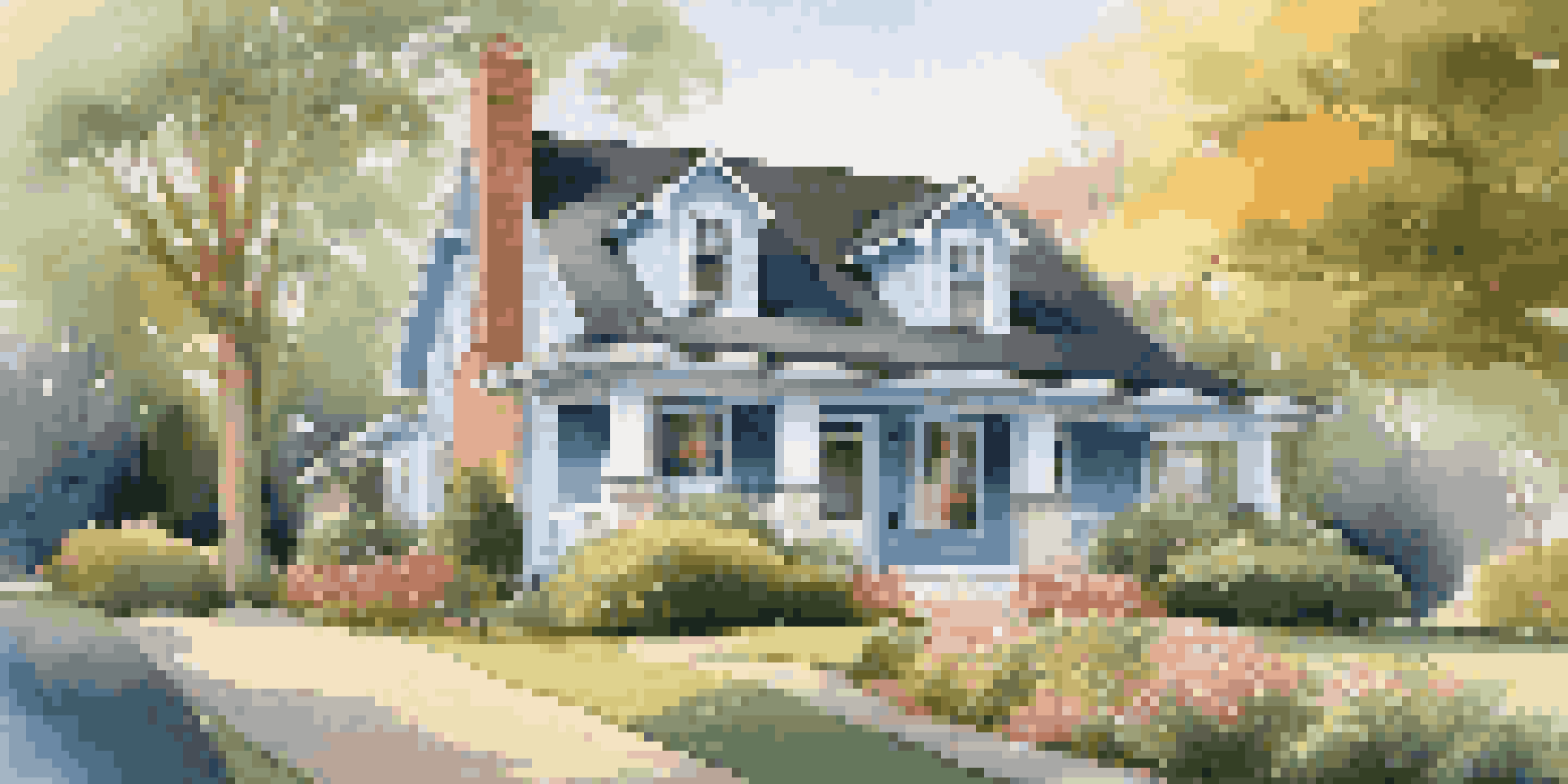 A beautiful suburban home with a manicured lawn, flower beds, and a welcoming front porch, under golden hour sunlight.