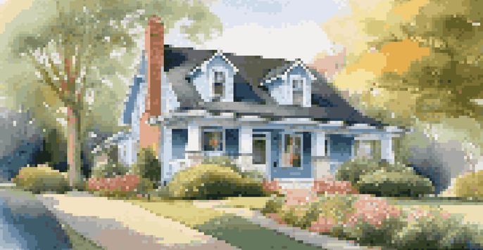 A beautiful suburban home with a manicured lawn, flower beds, and a welcoming front porch, under golden hour sunlight.