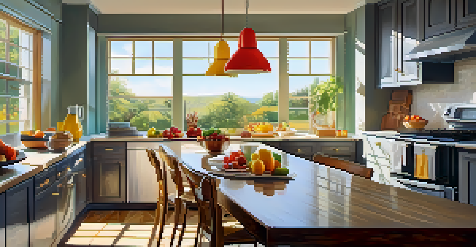 An inviting kitchen with modern appliances and a wooden dining table set for breakfast.