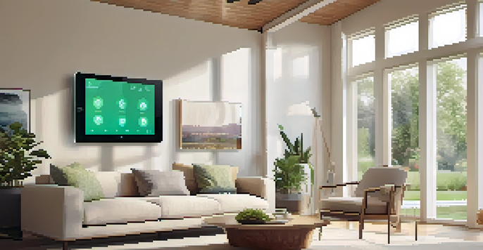 A modern living room with a tablet displaying a smart home energy management system, bright natural light, and energy-efficient appliances.