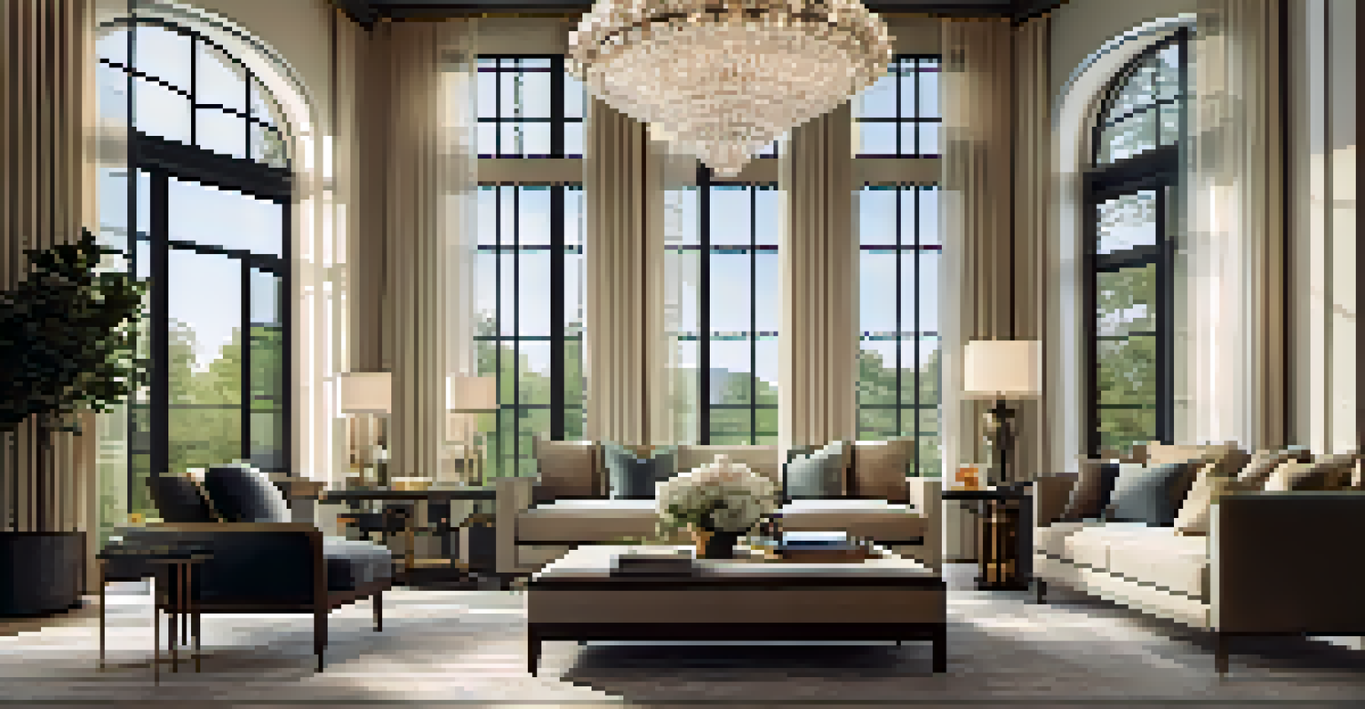 An elegant living room in a luxury home with high ceilings, a grand chandelier, plush furniture, and large windows letting in natural light.