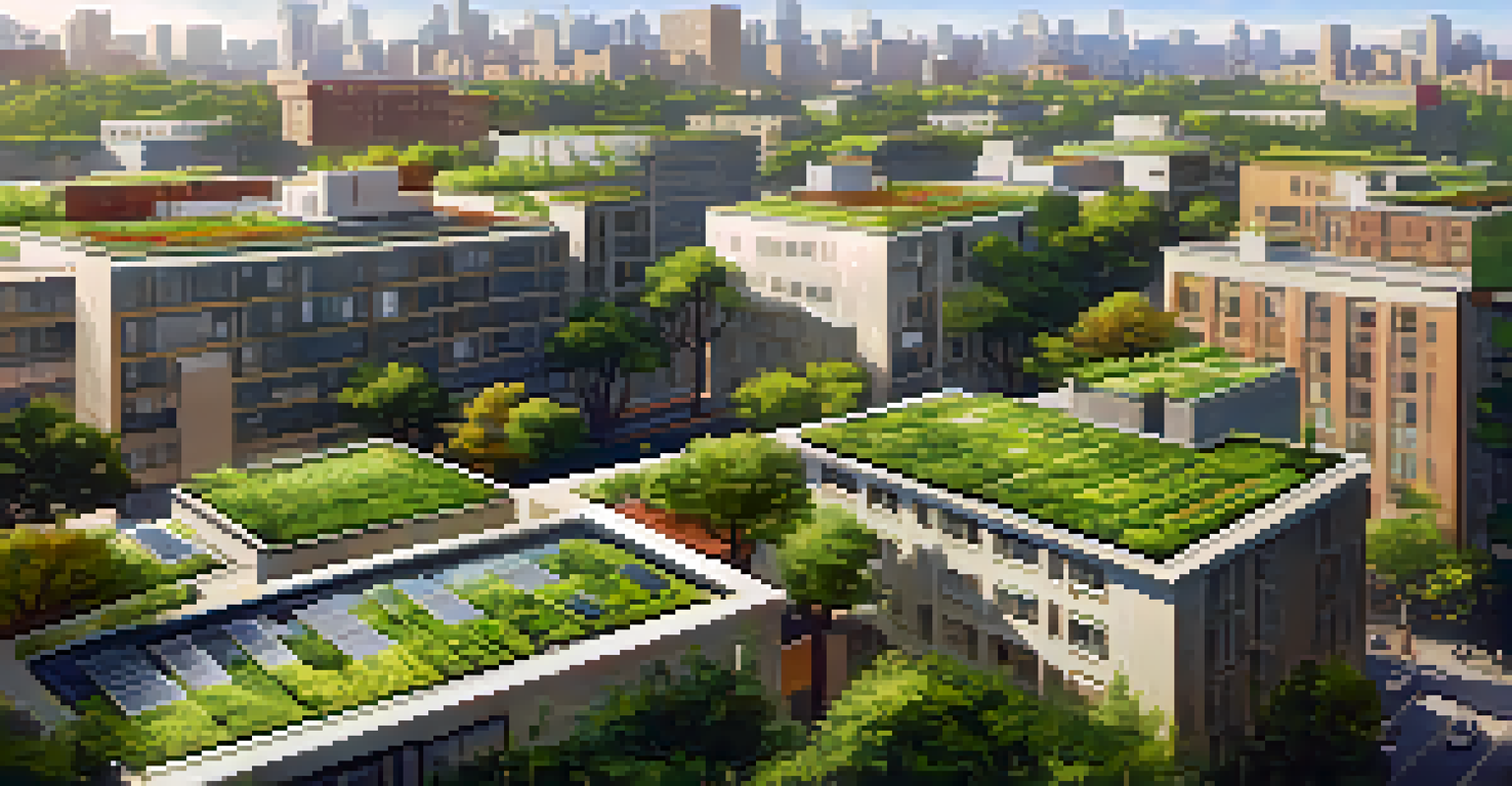 Aerial view of buildings with green roofs, featuring plants and solar panels, in an urban setting.