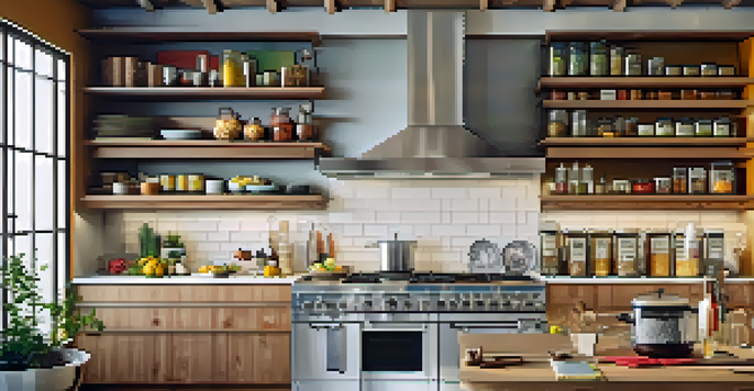 A modern kitchen with tall wooden shelves filled with cookbooks and jars, illuminated by natural light.