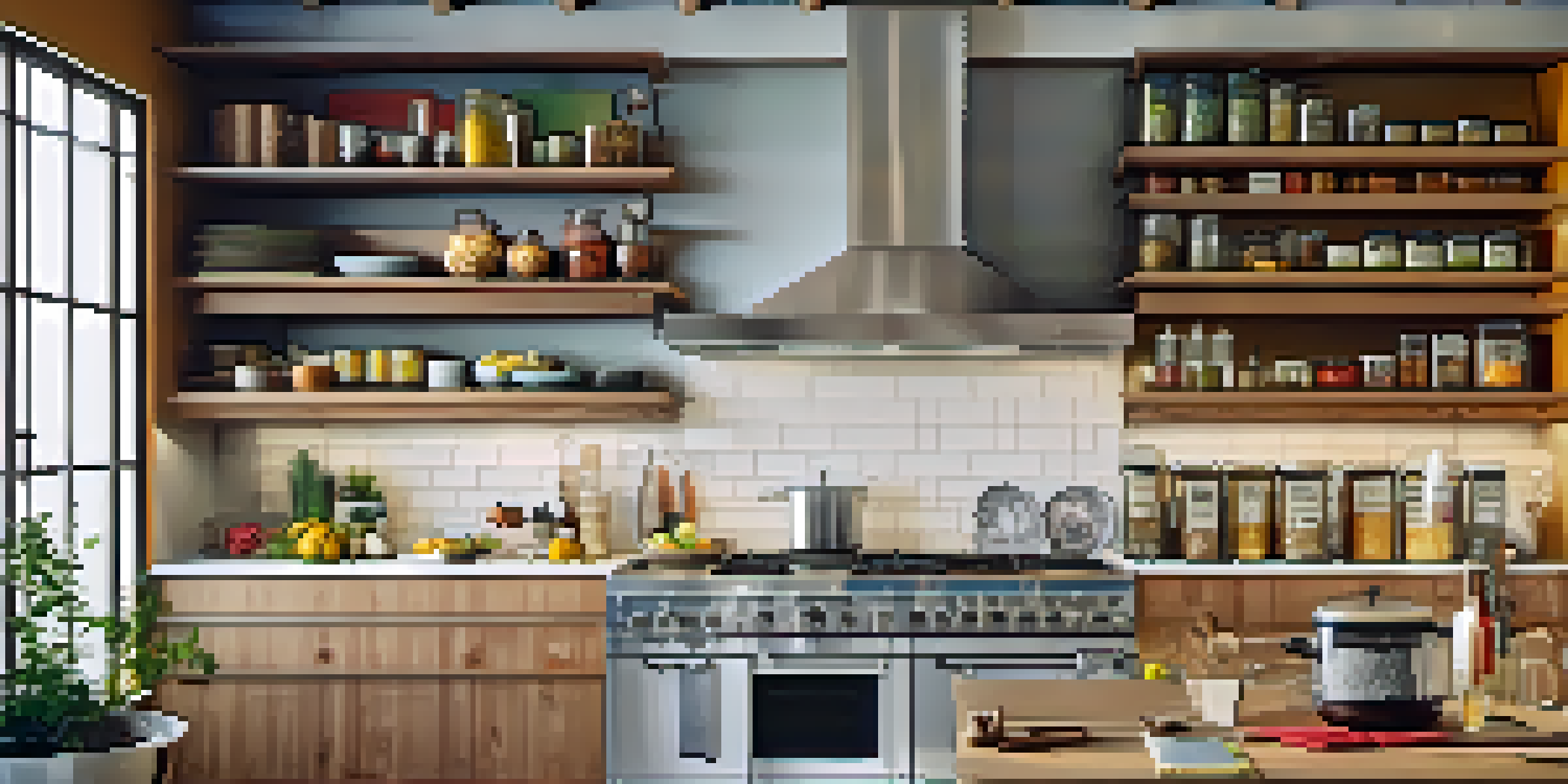 A modern kitchen with tall wooden shelves filled with cookbooks and jars, illuminated by natural light.