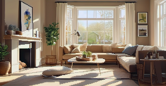 A bright and inviting living room with modern furniture and sunlight streaming through a large window.