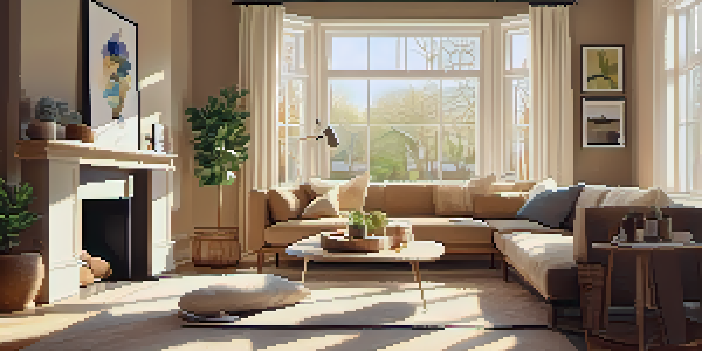 A bright and inviting living room with modern furniture and sunlight streaming through a large window.