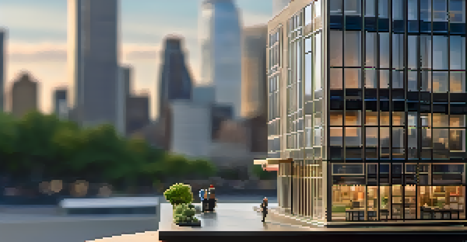 A close-up of a hand holding a detailed miniature model of a commercial building, with a modern city skyline blurred in the background.