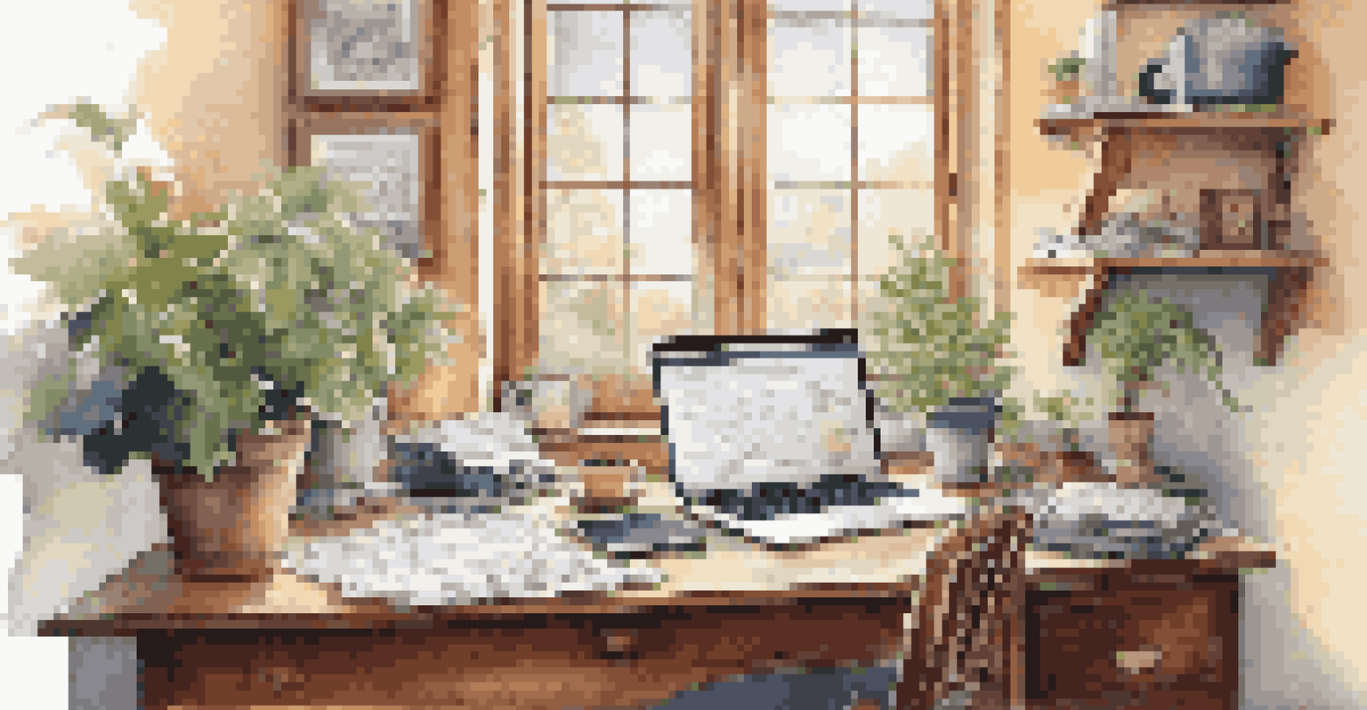 A cozy home office filled with property tax documents and a laptop, with sunlight streaming through the window.