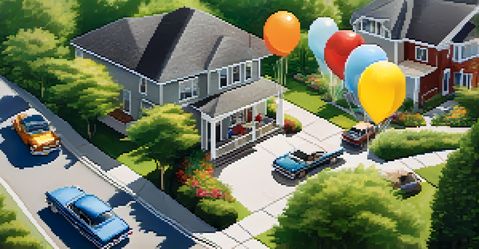 An overhead view of a busy summer open house event with people, a staged home, and bright greenery.
