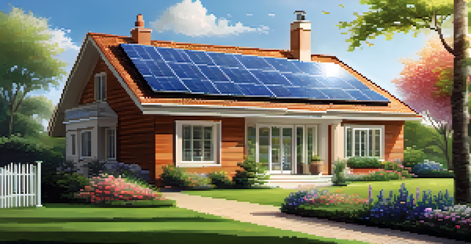 An outdoor view of a modern house with solar panels on the roof and a colorful garden in front.