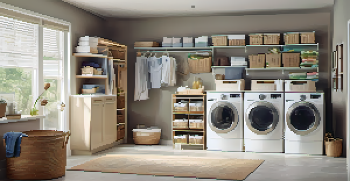 A well-organized laundry room with vertical shelves above the washer and dryer, clear bins, and decorative baskets, bathed in soft natural light.