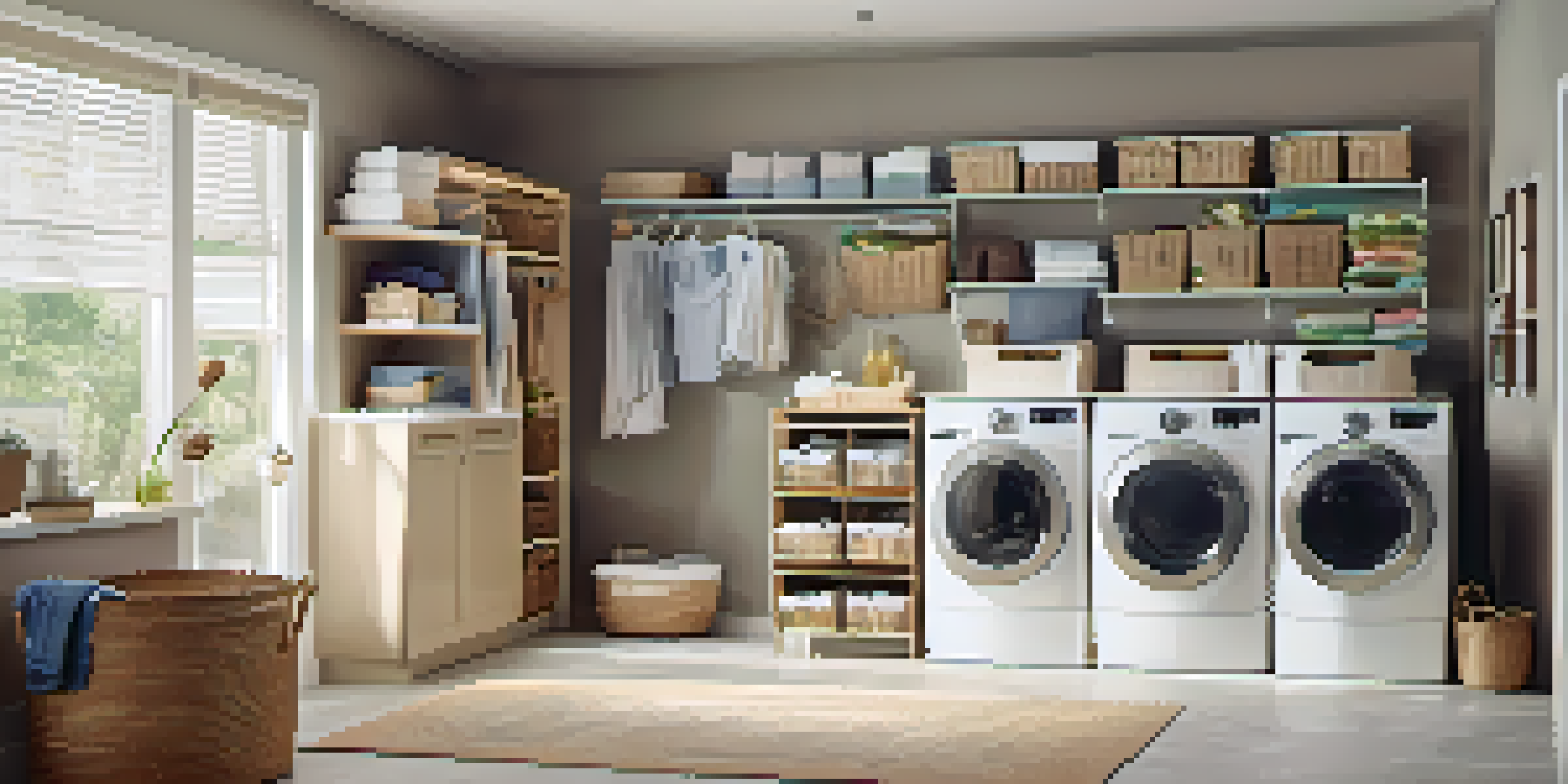 A well-organized laundry room with vertical shelves above the washer and dryer, clear bins, and decorative baskets, bathed in soft natural light.