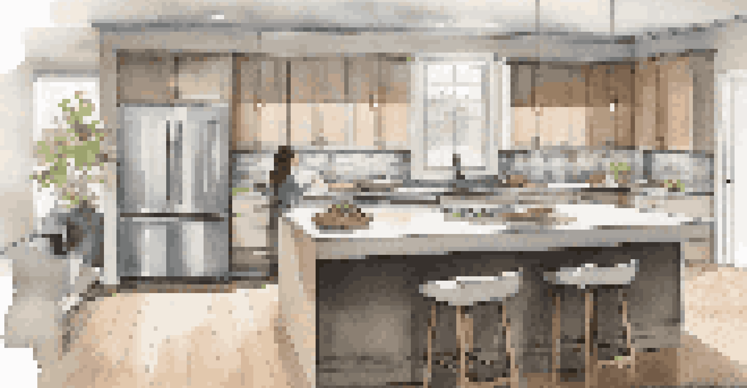 A modern kitchen undergoing renovation, with a contractor installing a backsplash and a homeowner reviewing plans on a tablet under bright lights.