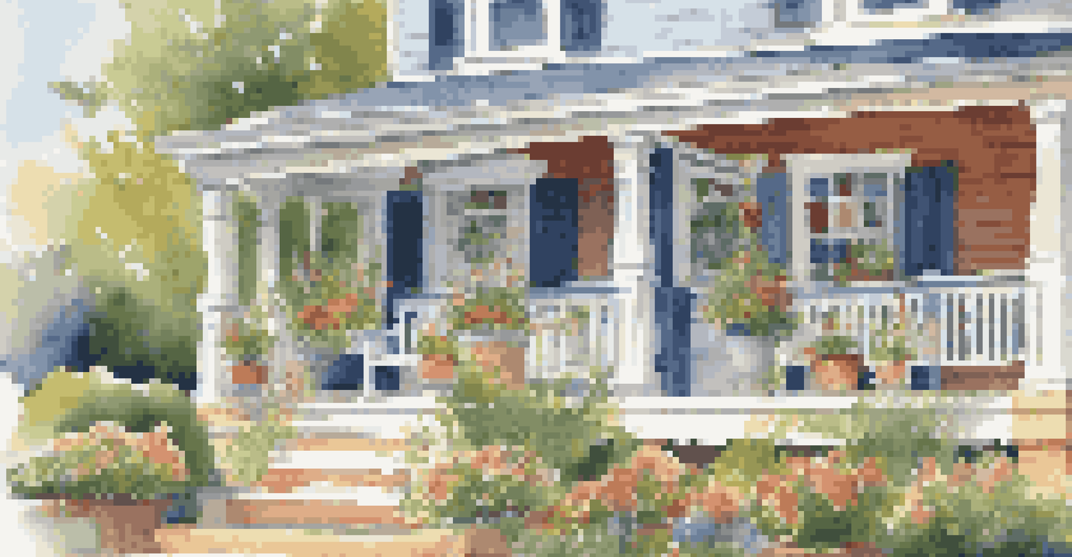A cozy front porch with a welcome committee preparing for an event, adorned with plants and a welcome banner in a friendly neighborhood.