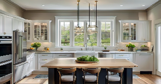 A modern kitchen with shiny appliances, elegant countertops, and bright lighting, featuring a dining table with fresh flowers.