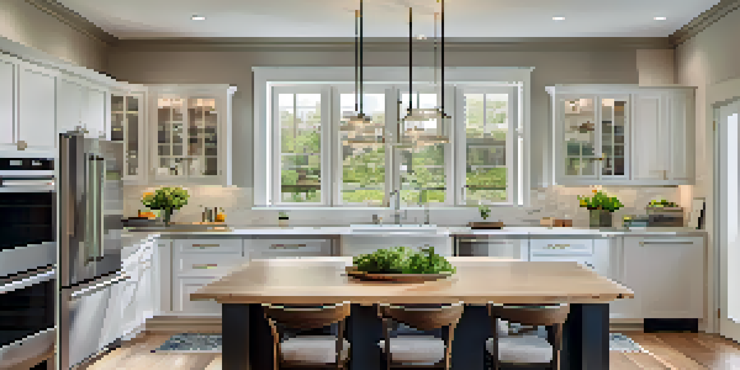 A modern kitchen with shiny appliances, elegant countertops, and bright lighting, featuring a dining table with fresh flowers.