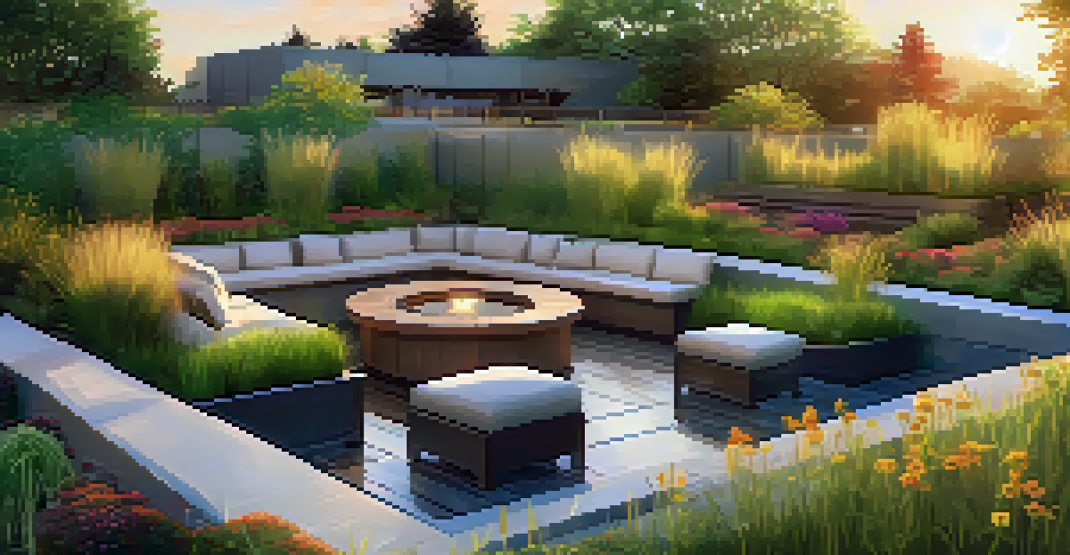 A relaxing rooftop garden with seating, water feature, and vibrant plants under a sunset sky.