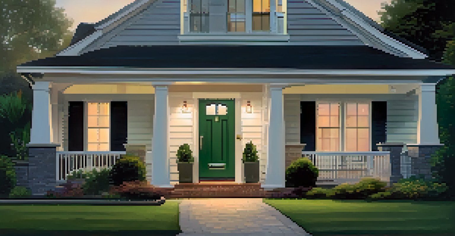 A suburban house at dusk, featuring a smart lock, motion detector lights, and a security camera on the front door.