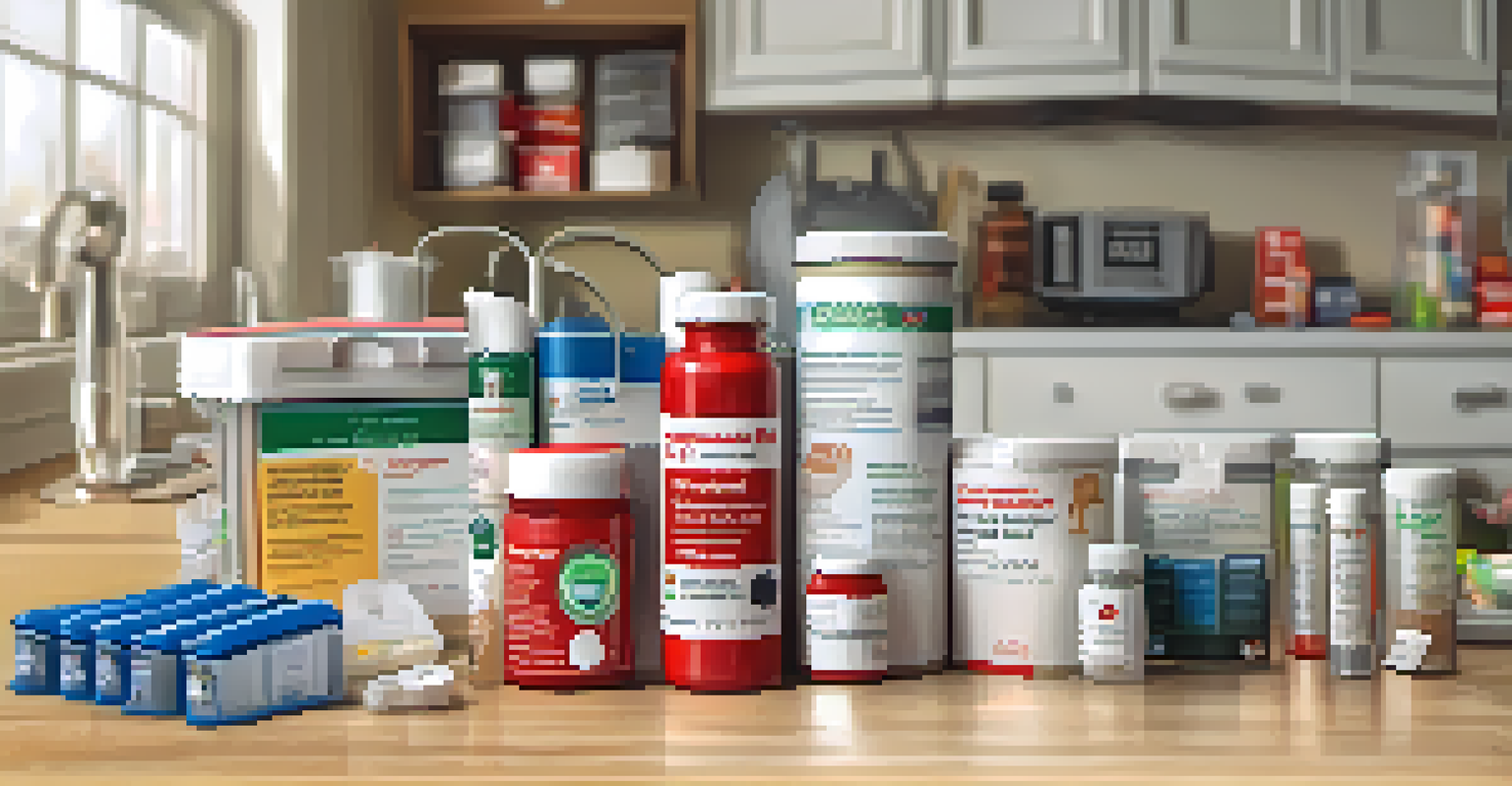 A family safety kit on a kitchen counter, showcasing first-aid supplies and flashlights while a family member discusses its contents.