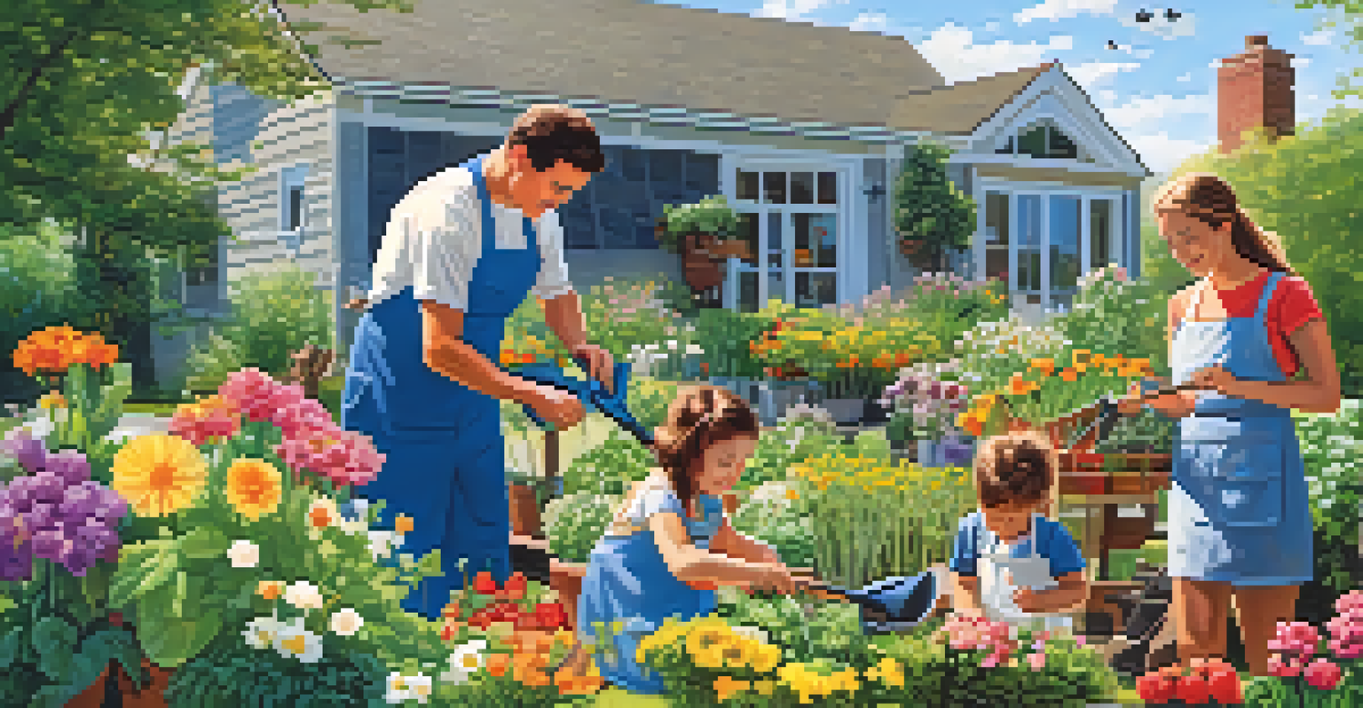A family in a garden using Energy Star-rated gardening tools, surrounded by flowers and vegetables under a bright blue sky.