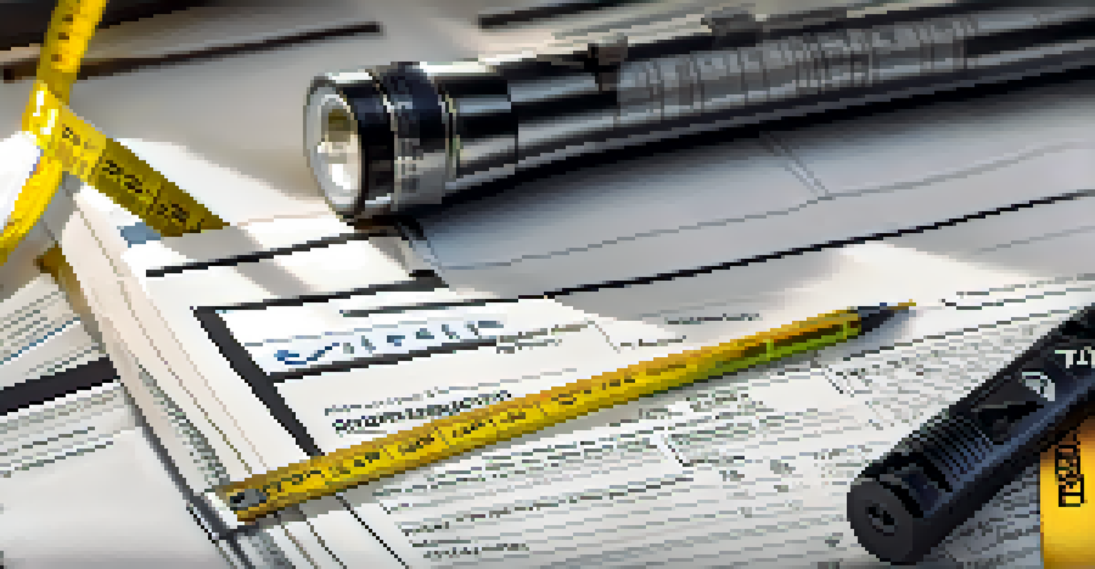 A close-up of a property inspection report with notes and tools like a tape measure and flashlight in the background.