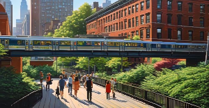 A public park on an elevated railway with greenery, railway tracks, and people enjoying the space under sunlight.