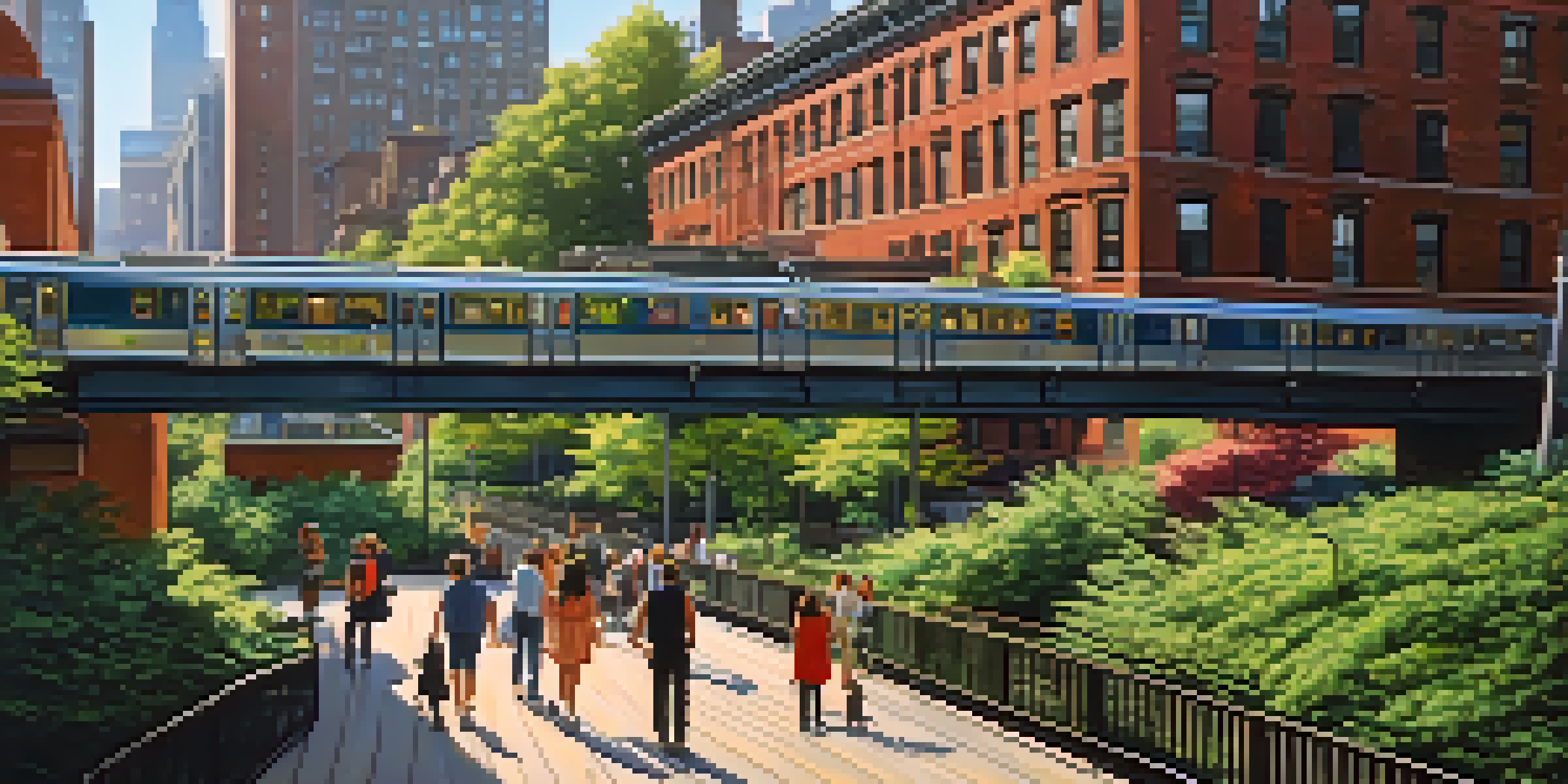 A public park on an elevated railway with greenery, railway tracks, and people enjoying the space under sunlight.