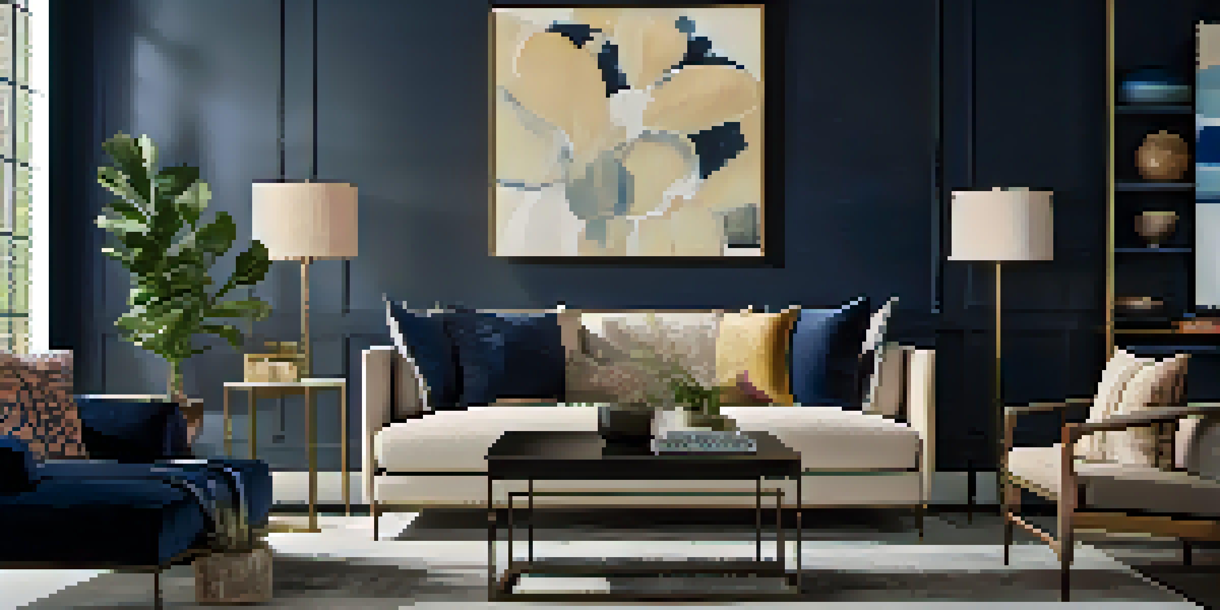 A staged living room with a soft beige sofa, deep navy wall, and natural light creating a warm ambiance.