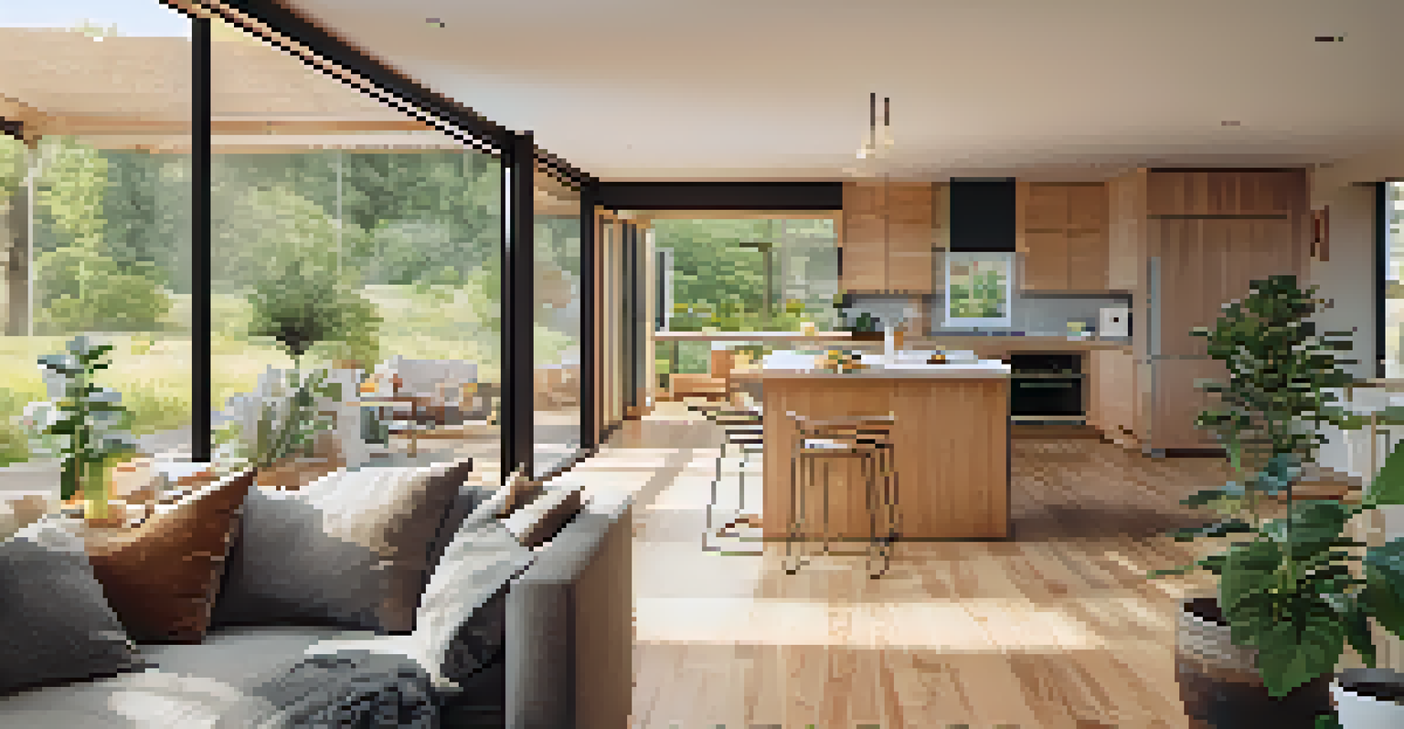 An interior view of a sustainable living space in a zero-energy home, filled with natural light and greenery.