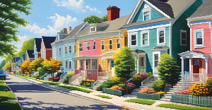 A lively spring neighborhood with blooming flowers, families outside, and children playing under a clear blue sky.