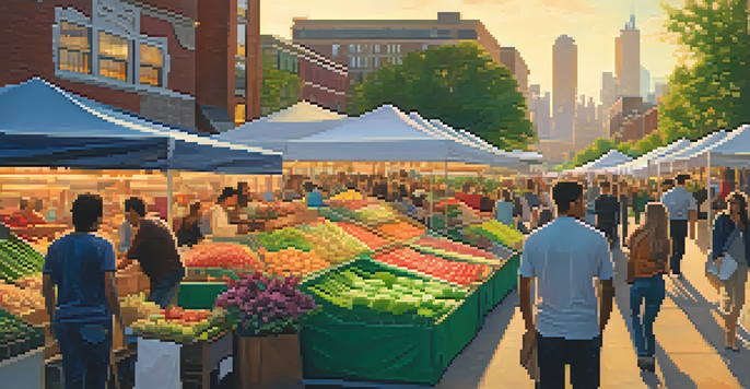 A lively urban scene with a modern skyline at sunset and a diverse group of people at a farmer's market.