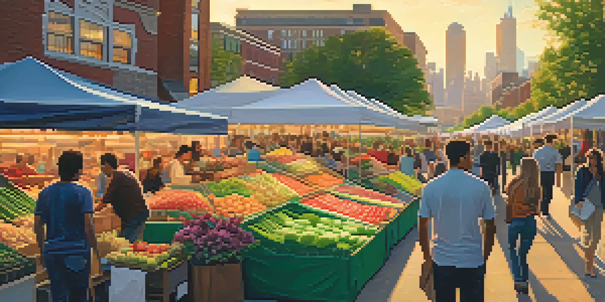 A lively urban scene with a modern skyline at sunset and a diverse group of people at a farmer's market.