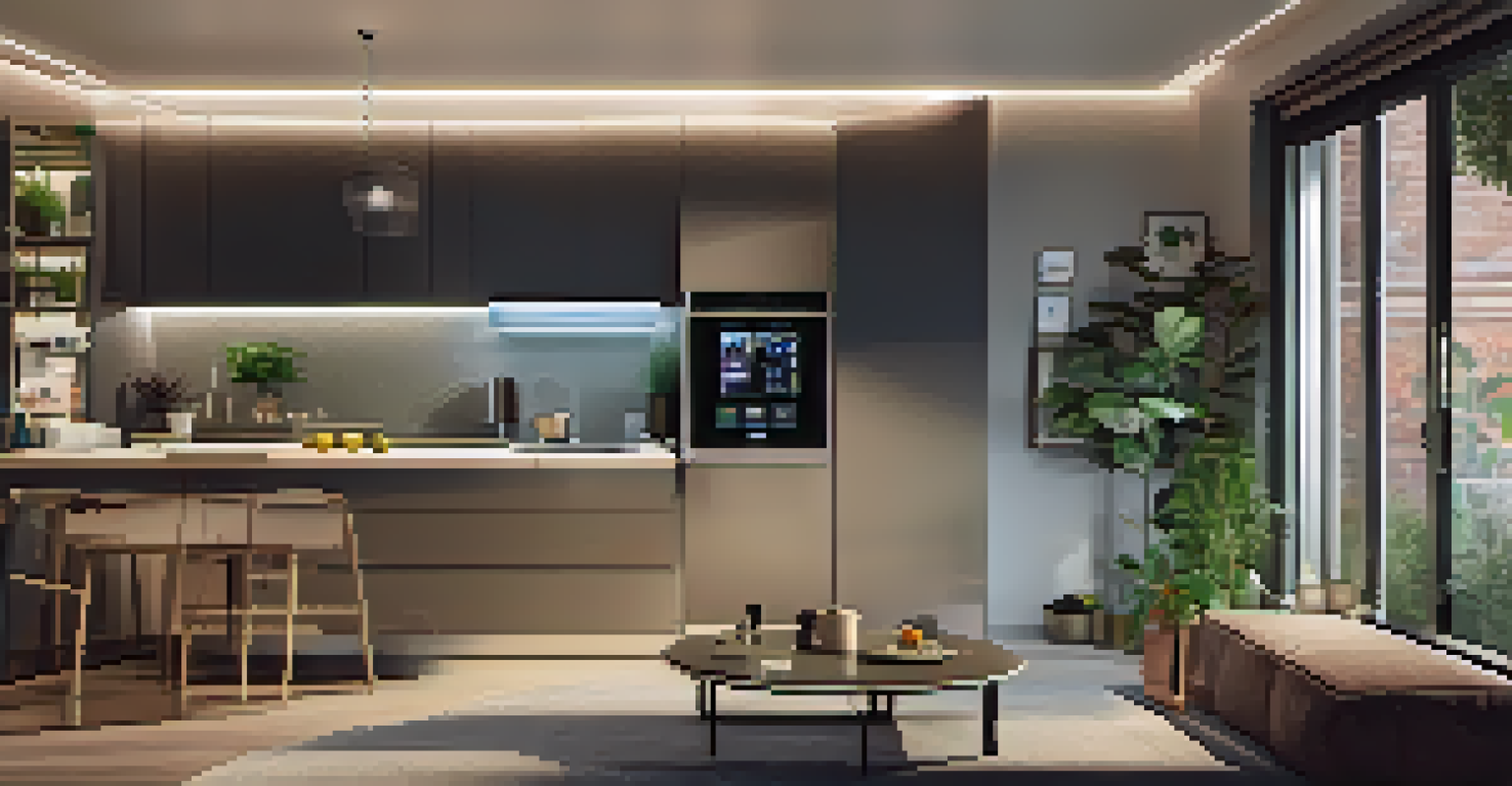 A modern micro-apartment with smart home technology, featuring a compact kitchen and a small workspace.