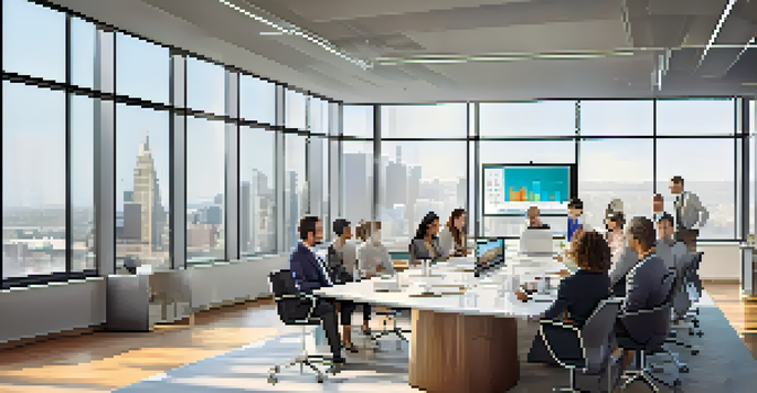 A diverse group of professionals in a bright, modern office discussing real estate crowdfunding strategies around a large conference table.