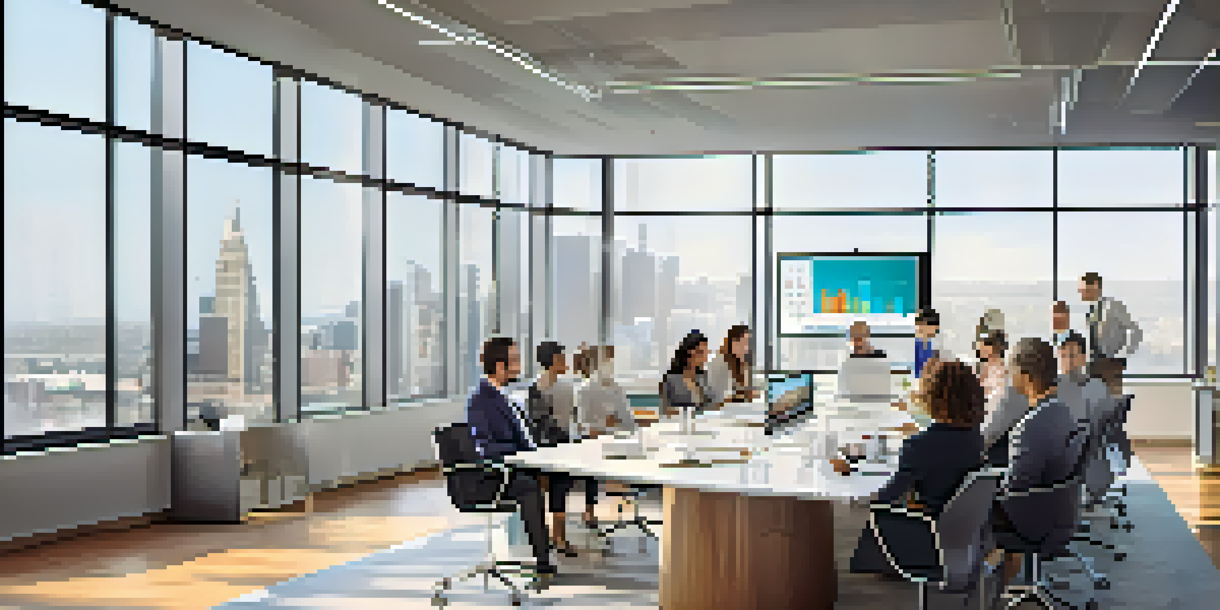 A diverse group of professionals in a bright, modern office discussing real estate crowdfunding strategies around a large conference table.