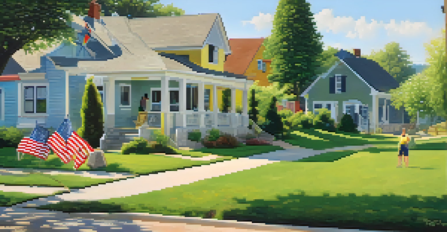 Two neighbors discussing a property boundary line marked with flags in a sunny outdoor setting.