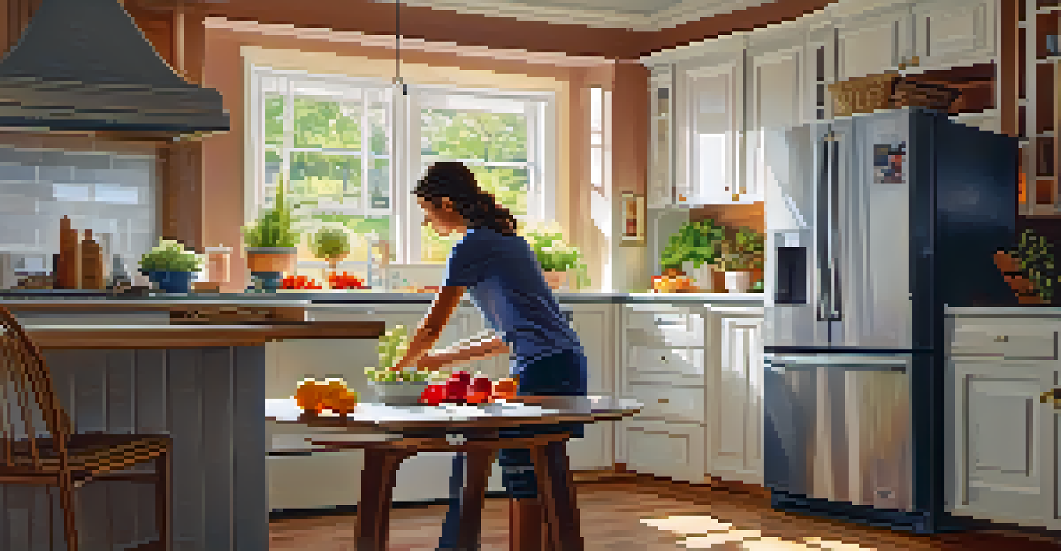 A person cleaning refrigerator coils in a bright kitchen with fresh fruits on the counter.