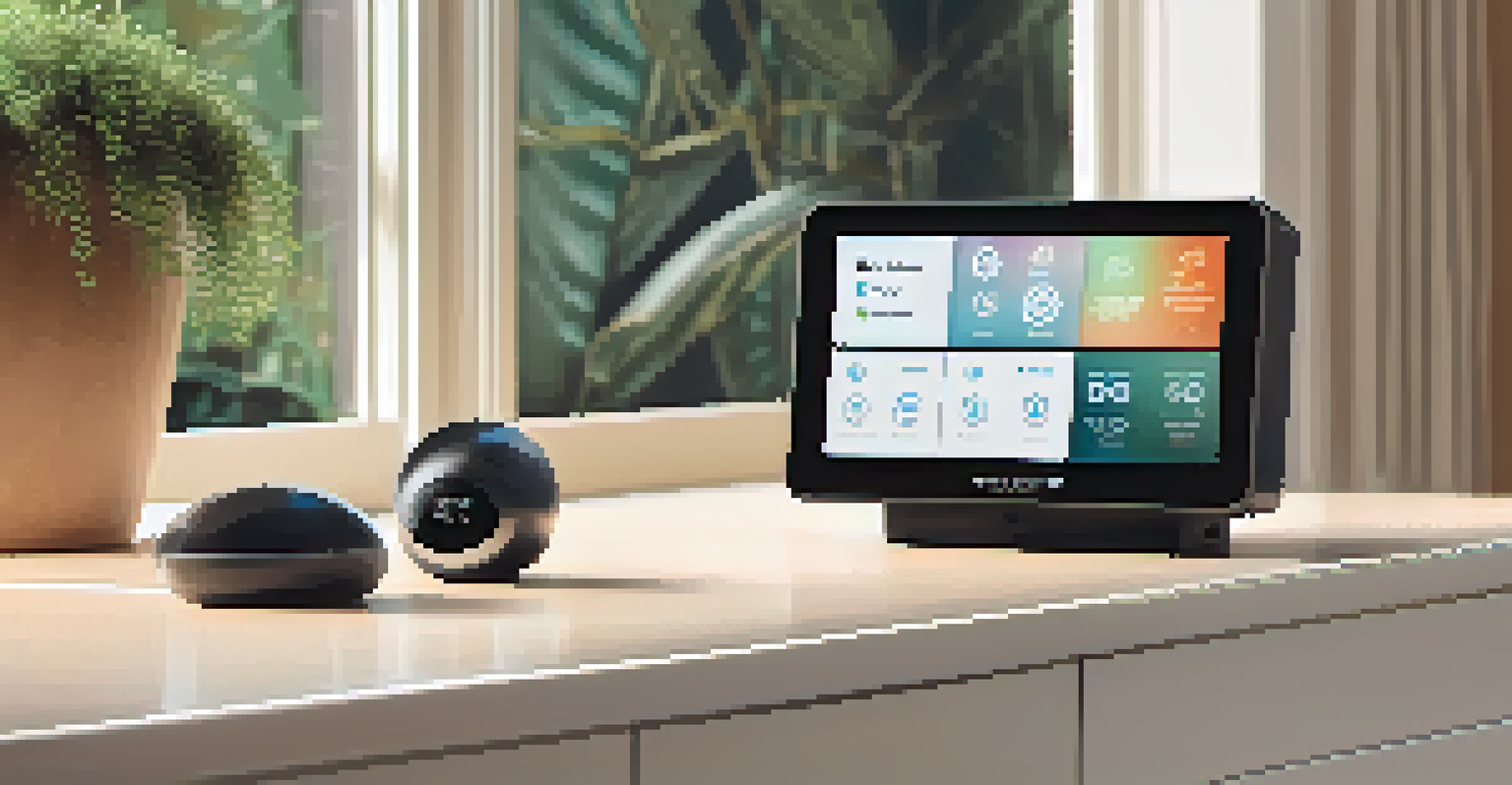 A close-up of a smart home security control panel in a contemporary living room, showcasing a touch screen with various security options.